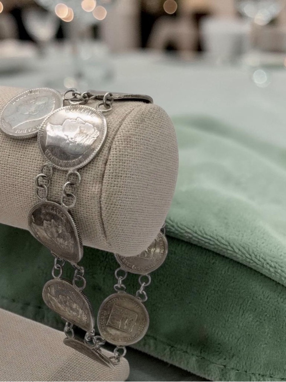 vintage-style bracelet is crafted from authentic Venezuelan 50 Céntimos coins,